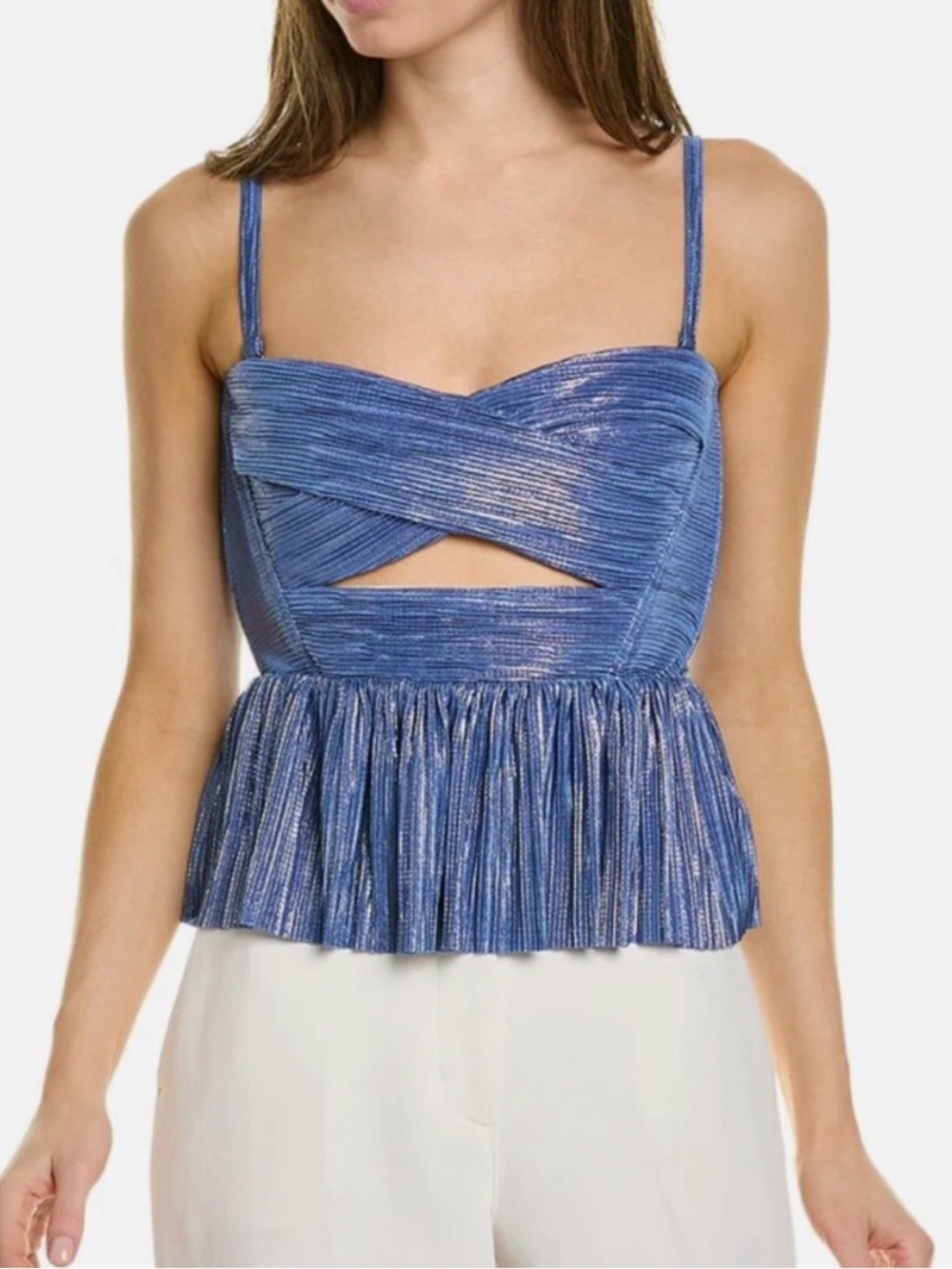 Sabina Musayev Metallic Blue Pleated Peplum Camisole
